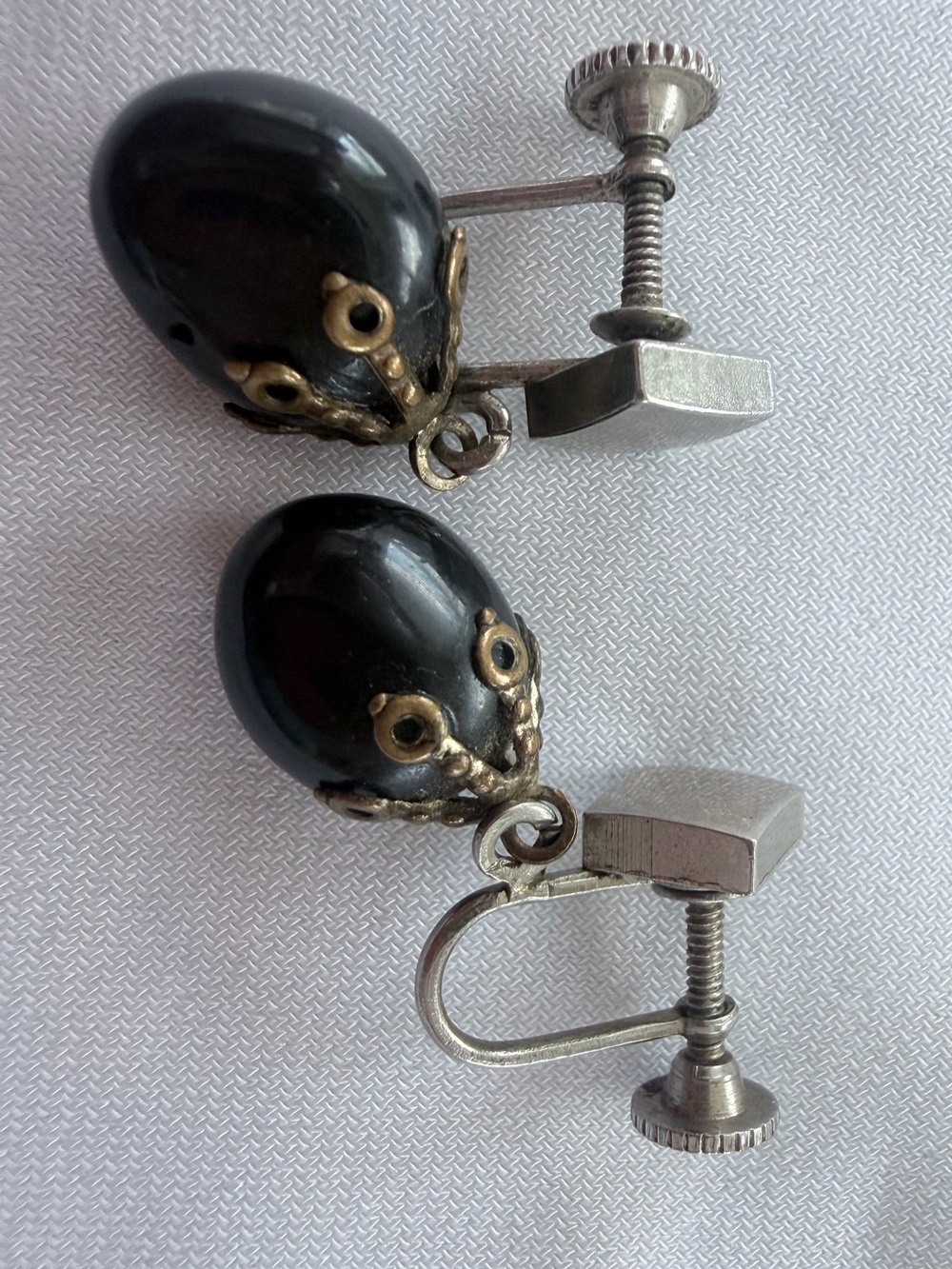 Vintage Black and Silver-toned Screw-Back Earrings